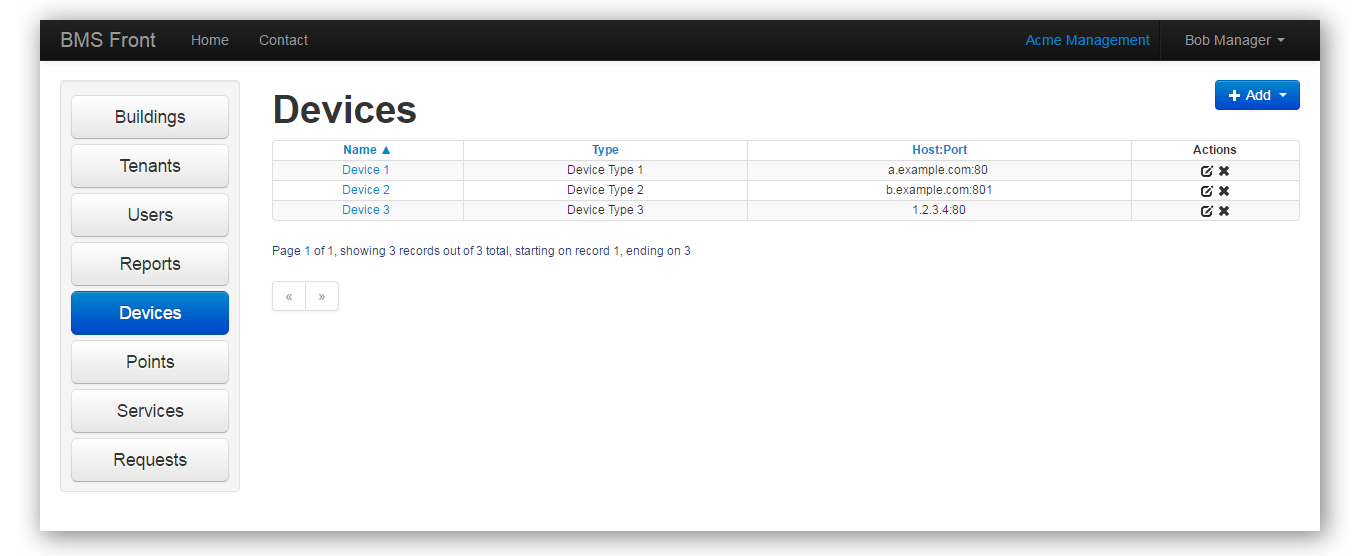 Facilities Manager console showing list of managed BAC devices in a building