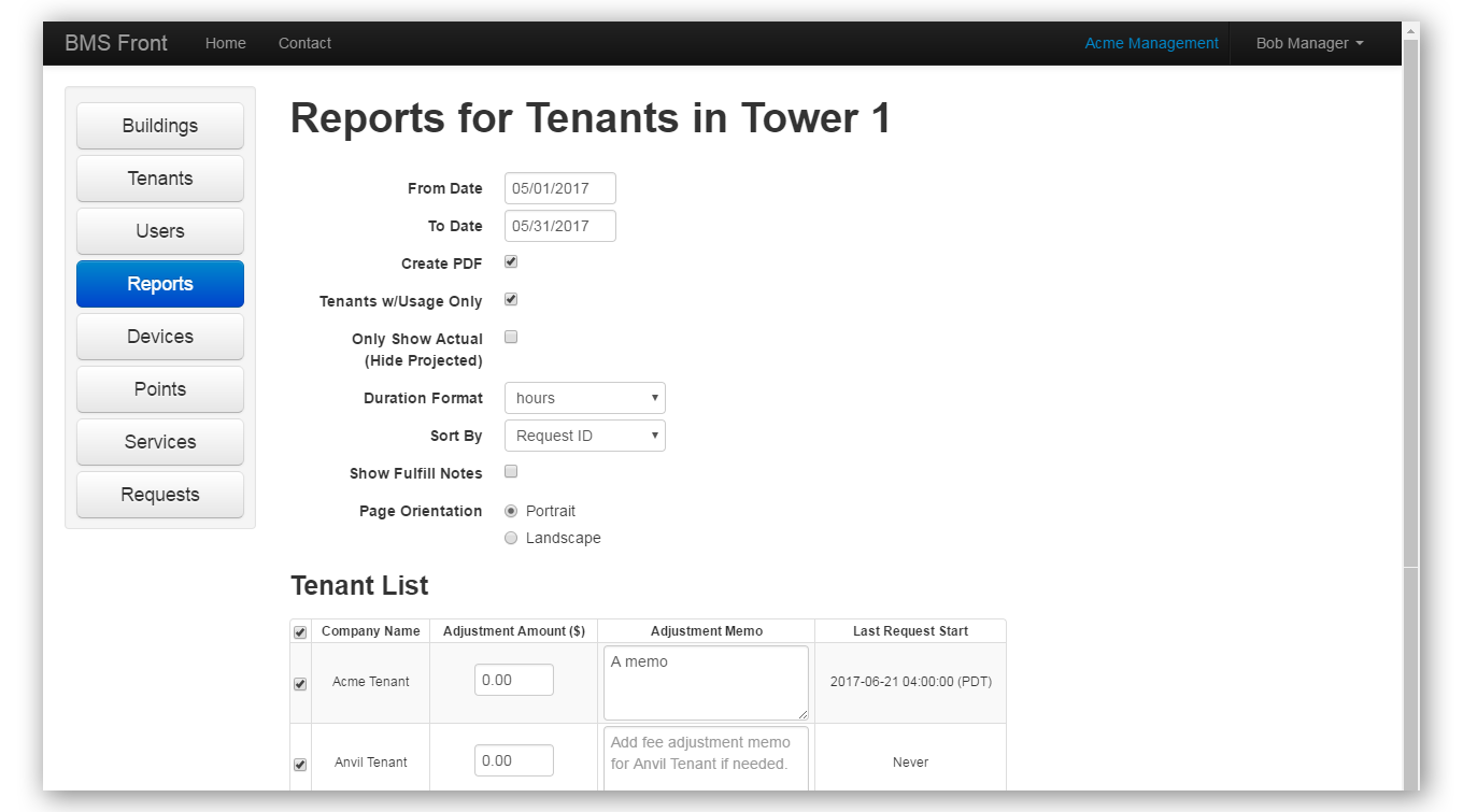 Facilities report selection