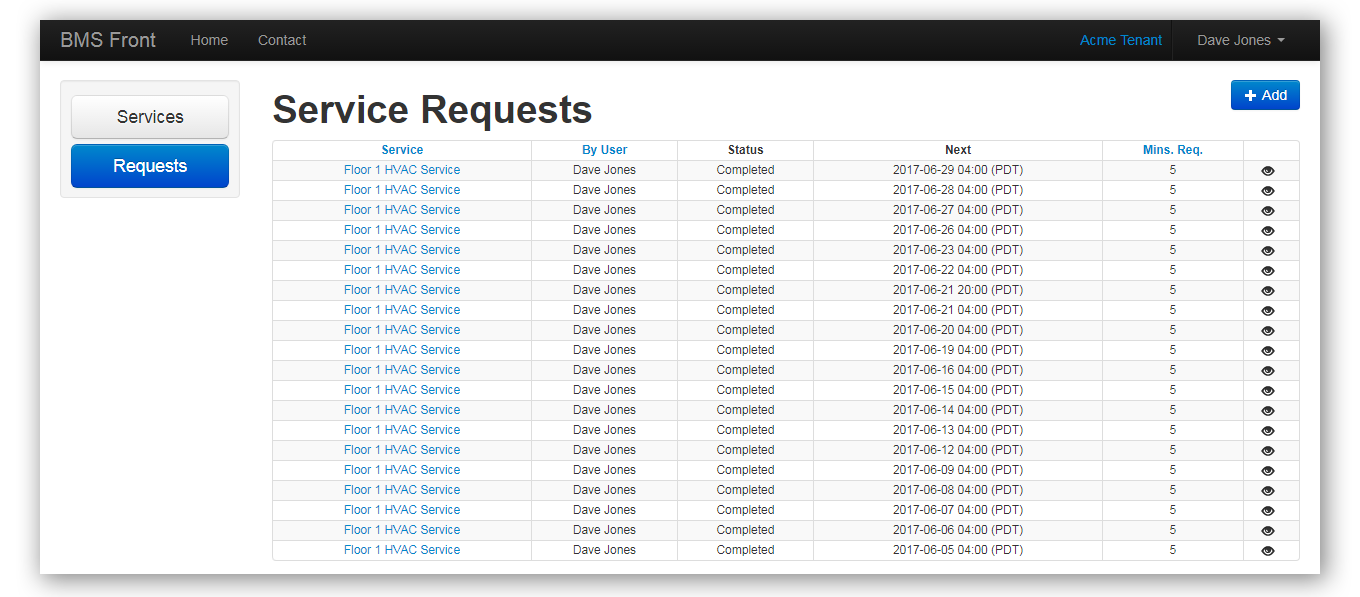 Tenant console showing list of recent and scheduled service requests