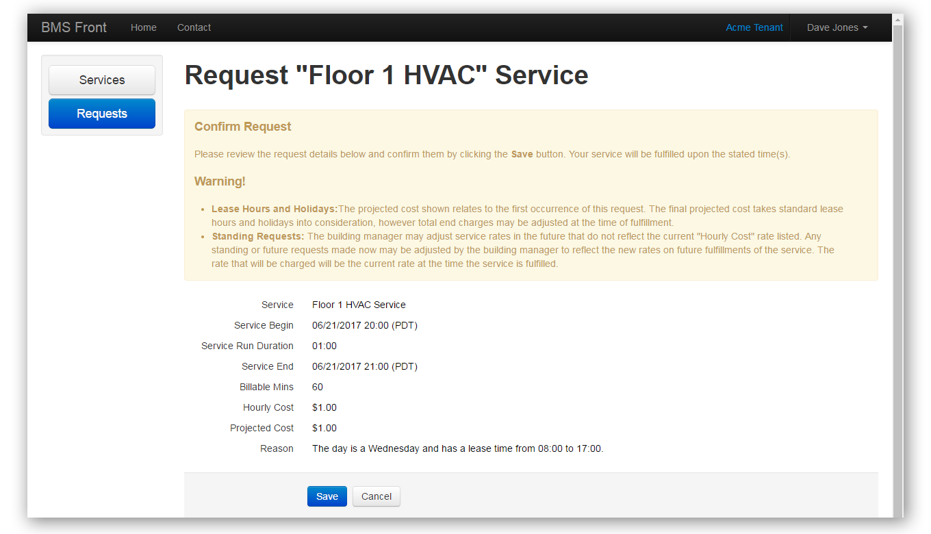 Tenant console showing the service request scheduling form