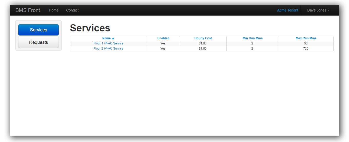 Tenant console showing summary of services available to them